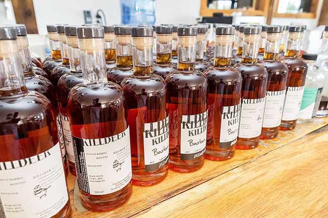 Marcus Larson/News-Register##
Rows of freshly made Killdeer Distilling bourbon. Killdeer s products are available only at its tasting room at 20000 Wind Ridge Road, Newberg, at this point; owners hope to have their bottles in restaurants and bars later this year.