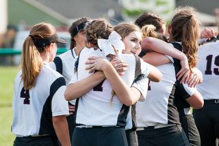 Marcus Larson/News-Register##
Dayton catcher Sofia Cicerone hugs teammate Shylar Halverson after the Pirates’ 5-4 victory over Cascade Christian in Tuesday’s state semifinal. Marcus Larson/News-Register##
Dayton catcher Sofia Cicerone hugs teammate Shylar Halverson after the Pirates’ 5-4 victory over Cascade Christian in Tuesday’s state semifinal.