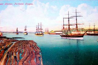 Image: Postcard ## A turn-of-the-century postcard image of Portland’s lower harbor. The tall ships pictured here are almost certainly staffed with a few shanghaied sailors.