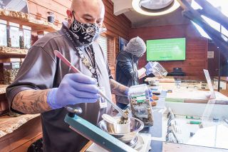 Rusty Rae/News-Register##
Victor Serrano (foreground) and Alanna Murphy work on filling online orders at the Chalice Farms dispensary. The Dundee business offered online sales during the pandemic shutdown, in addition to establishing routines for customers who wanted to pick up orders.