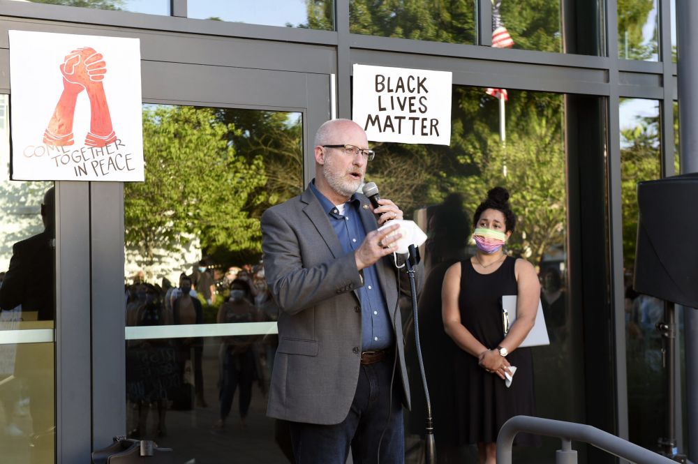 Rusty Rae/News-Register##Rep. Ron Noble speaks during a Monday, June 1  Justice For George  vigil and community discussion outside McMinnville s Civic Hall.