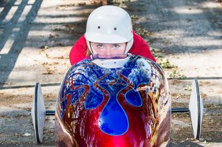 Marcus Larson/News-Register##
Yamhill’s Alexis Lowe peers out from her racing position in her homemade soapbox derby racing car. Marcus Larson/News-Register##
Yamhill’s Alexis Lowe peers out from her racing position in her homemade soapbox derby racing car.