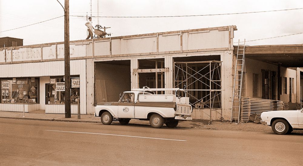 (June 16, 1965) Workmen are currently busy building the new home of the McMinnville Water and Light Department. Located on Baker Street, the new offices were necessary to take care of an expanded and growing department.