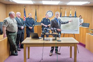 Marcus Larson / News-Register##
Yamhill County District Attorney Brad Berry holds a press conference to discuss to location the bodies of Karissa and Billy Fretwell were found, about 10 miles west of the town of Yamhill. Marcus Larson / News-Register##
Yamhill County District Attorney Brad Berry holds a press conference to discuss to location the bodies of Karissa and Billy Fretwell were found, about 10 miles west of the town of Yamhill.