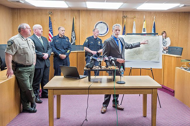 Marcus Larson / News-Register##
Yamhill County District Attorney Brad Berry holds a press conference to discuss to location the bodies of Karissa and Billy Fretwell were found, about 10 miles west of the town of Yamhill.