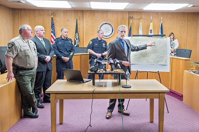 Marcus Larson / News-Register##
Yamhill County District Attorney Brad Berry holds a press conference to discuss to location the bodies of Karissa and Billy Fretwell were found, about 10 miles west of the town of Yamhill.