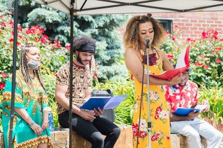 Marcus Larson/News-Register##Organizer Shai Sesay McDonough speaks at a Juneteenth celebration in Newberg. Marcus Larson/News-Register##Organizer Shai Sesay McDonough speaks at a Juneteenth celebration in Newberg.