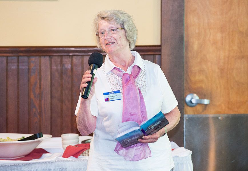 Marcus Larson/News-Register##
Ilse (Thiemann) Walter, who spent her senior year in McMinnville as an exchange student in the Class of  58, traveled from Germany for the reunion. She spoke about the class motto during Friday s event.