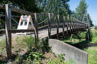 Marcus Larson/News-Register##
The city has closed Dayton s footbridge because it needs repairs to keep it safe. City officials said the bridge at the north end of Ferry Street is more than 40 years old. It crosses the Yamhill.