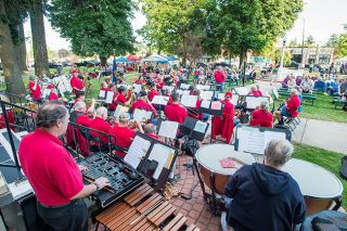 Marcus Larson/News-Register##
The Second Winds Community Band, under the direction of Mark Williams, performs patriotic tunes for the crowd during Dayton Friday Nights.