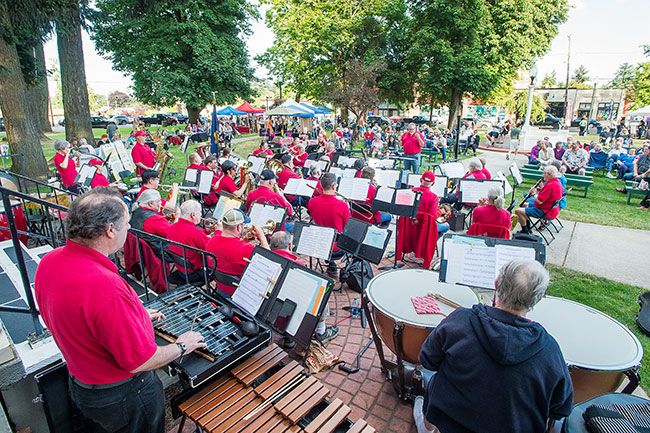 Marcus Larson/News-Register##
The Second Winds Community Band, under the direction of Mark Williams, performs patriotic tunes for the crowd during Dayton Friday Nights.