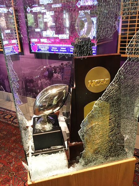 Submitted photo##
Thieves shattered a display case to get to Linfield Wildcat sports memorabilia. It s a conundrum: Anyone who d want the items would be angry to see them stolen, college officials said.