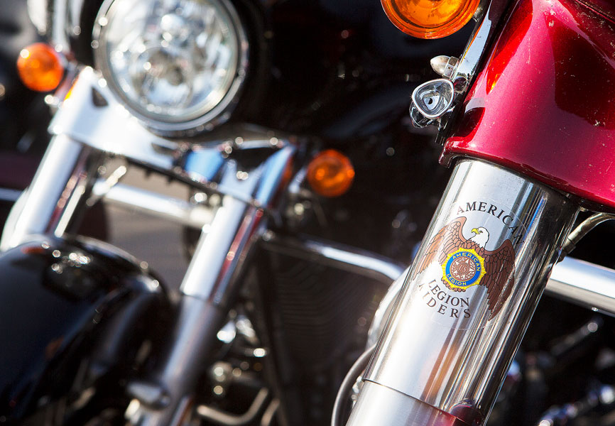 Rockne Roll/News-Register##An American Legion Riders sticker adorns Jeri Paull’s motorcycle. Members wear the logo on their vests or jackets, as well.