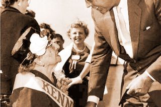 Image: Marion County Historical Society##Sen. John F. Kennedy greets Mary M. Barr at the Salem airport on Sept. 7, 1960.