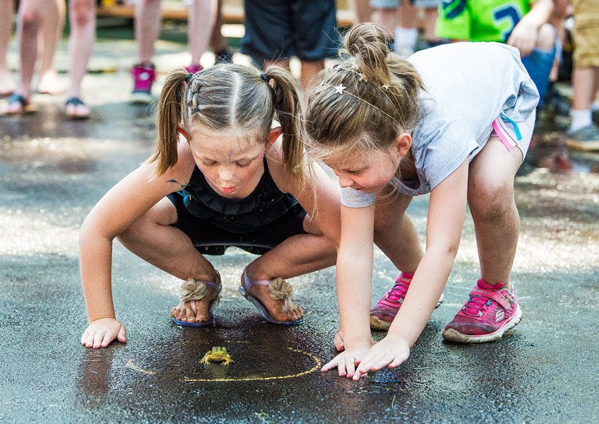 Marcus Larson/News-Register##
Annabelle Woodruff, left, and Adrianna Etta work as a team to get their
frog, named Richard, to jump from the starting circle during the Yamhill
Derby Days frog jump contest.