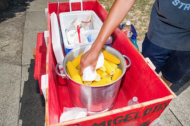 Marcus Larson/News-Register##  Lozano reaches into a large pot of steaming corn on the cob using a paper plate. He will add two sticks, cover the corn in mayonnaise, butter and spices, then hand it to the customer wrapped in the plate.