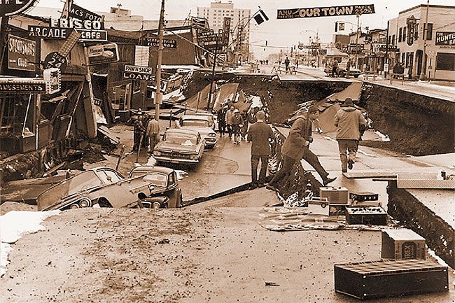 Image: U.S. Army##Damage to Fourth Avenue, Anchorage, Alaska, caused by the Good Friday Earthquake. This was the quake that spawned the tsunami that killed 136 people, including four in Oregon.