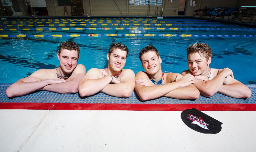 Rockne Roll/News-Register##
From left, McMinnville Swim Club swimmers Garrett Sutton, Levi Burres, Hunter Harris and Noah Burres, pictured at the McMinnville Aquatic Center after a workout in readiness for the meet in California.