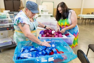 Marcus Larson News-Register ## Yamhill County Fair open class super- intendents Kimberly Zoutendijk and Jody Hildebrant sort through the various ribbons
that will be awarded to arts, crafts and food exhibitors.
