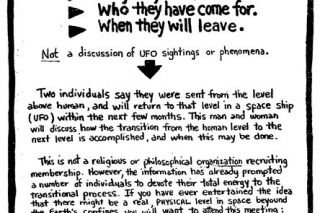 Image: Oregonian##A poster put up by the “Human Individual Metamorphosis” cult at the University of Oregon, encouraging people to attend the meeting in Waldport.