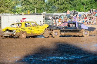 Rusty Rae/News-Register##
Amity’s Steve Marcher (right) delivers a devastating head-to-head hit on Lafayette’s Vince McKinney. Marcher and McKinney put on a massive show with neither driver giving in to the other. Only a broken car put McKinney out of the event, handing first place to Marcher. Rusty Rae/News-Register##
Amity’s Steve Marcher (right) delivers a devastating head-to-head hit on Lafayette’s Vince McKinney. Marcher and McKinney put on a massive show with neither driver giving in to the other. Only a broken car put McKinney out of the event, handing first place to Marcher.