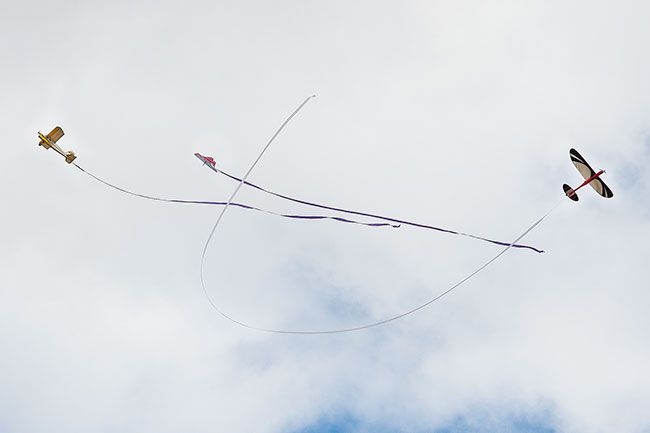 Marcus Larson/News-Register##During the Valley View Concerts, Car & Air Show, members of the McMinnville Aircraft Modelers compete in a model aircraft combat event where they try to cut each others’ ribbons being dragged behind their competitors’ planes.