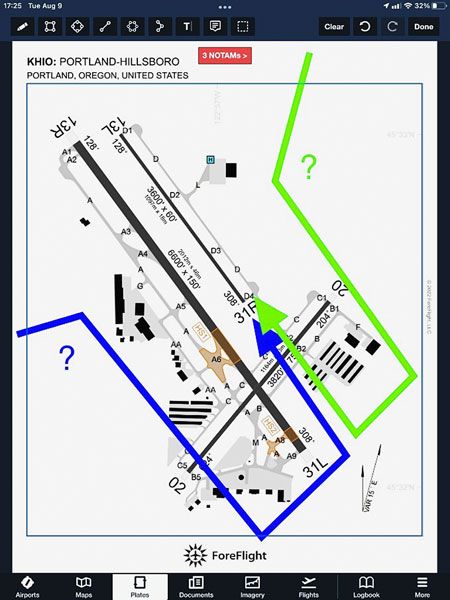 Submitted image##The original Runway 31R approach ordered for Art Bridge at Portland-Hillsboro Airport, on the left above, would have him crossing the busy 31L approach, potentially to disastrous effect. The revised order, on the right above, avoided the danger.