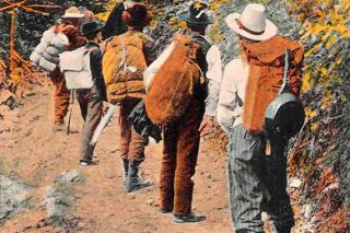 ##In this postcard image, prospectors search for gold in the Cascade Mountains, circa 1930.