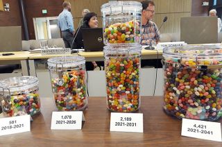 Tom Henderson/News-Register##
McMinnville Planning Director Heather Richards and Senior Planner Tom Schauer expressed McMinnville s housing needs through 2041 with a series of jars filled with jelly beans. Each jar represents a time period, and each bean in the jar represents a new home that will be needed during that period. Richards and Schauer made their presentation during a joint meeting between the McMinnville City Council and Yamhill County Board of Commissioners Aug. 21. During a break, County Commissioner Casey Kulla talked with constituent Marcie Rosenzweig. Tom Henderson/News-Register##
McMinnville Planning Director Heather Richards and Senior Planner Tom Schauer expressed McMinnville s housing needs through 2041 with a series of jars filled with jelly beans. Each jar represents a time period, and each bean in the jar represents a new home that will be needed during that period. Richards and Schauer made their presentation during a joint meeting between the McMinnville City Council and Yamhill County Board of Commissioners Aug. 21. During a break, County Commissioner Casey Kulla talked with constituent Marcie Rosenzweig.