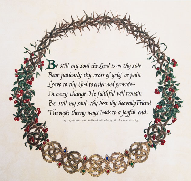 Marcus Larson/News-Register##A print featuring the words of an 18th century hymn, “Be Still, My Soul,” is Newby’s best-selling piece. The artist’s work can be found in her Etsy shop, AllThatIsGoldArt.