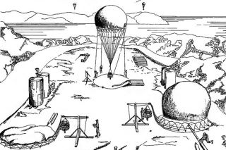 Image: Smithsonian Press##: An artist’s rendering of what the balloon launching site looked like during a heavy launch day, in late 1944 or early 1945. The tanks to the left contain hydrogen gas.