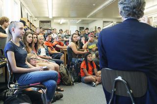 Rockne Roll/News-Register##Yamhill-Carlton High School sophomores listen to Rich Jernstedt and other members of the class of 1965. Golden grads joked about how ancient they must seem to teens; they don’t feel ancient, though.