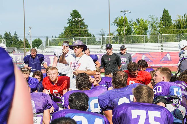 Rusty Rae/The News-Register##
Head Coach Joseph Smith addresses the team at the end of practice on Wednesday. The ‘Cats start the season Sept. 3 in Montgomery, Alabama, against Huntingdon College.