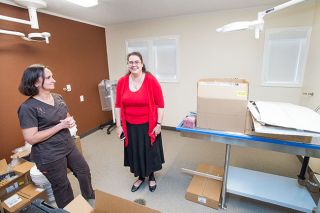 Marcus Larson/News-Register##
Veterinarian Dr. Candie Corriher and clinic manager Jennifer Choate, a retired vet, make a final check on the new Homeward Bound Pets clinic s surgery suite, where Corriher will spay and neuter animals.