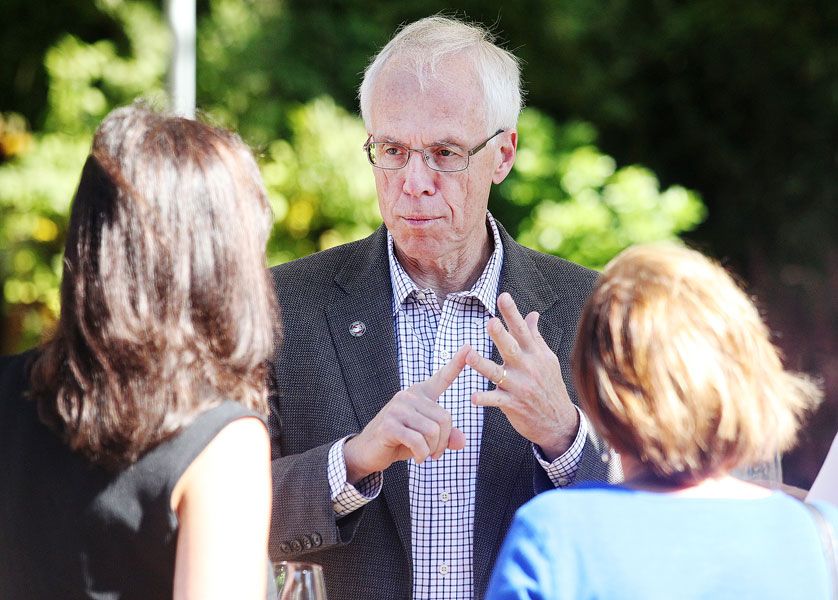 Rockne Roll/News-Register##Bud Pierce talks with supporters at a campaign event  in Carlton on Sunday, Sept. 25.