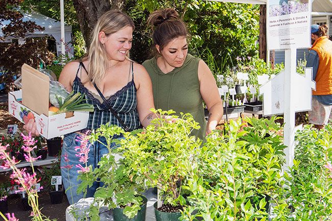 Rusty Rae/News-Register##Rachel Walker and Alison Thompson, both of McMinnville, check out a
variety of plants at the Farmer’s Market, which runs for three more
weeks.