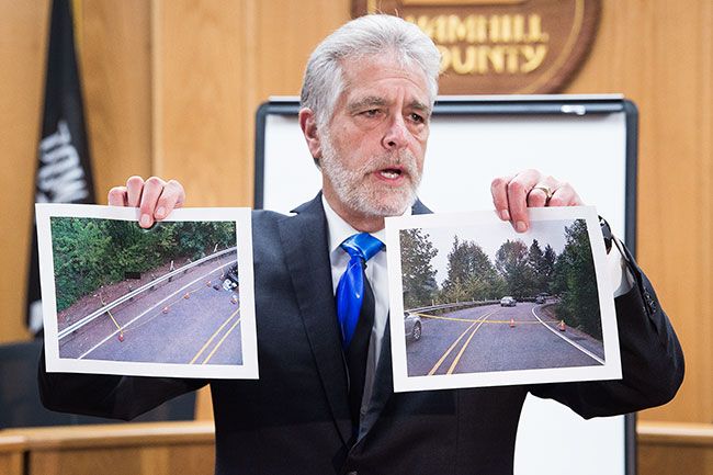 Marcus Larson/News-Register##
Yamhill County District Attorney Brad Berry shows crime scene photos of where Meighan Cordie s body was found.