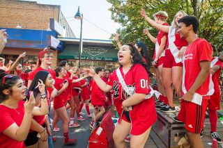 Marcus Larson / News-Register##McMinnville High School juniors cheer loudly as they celebrate class and school pride during the annual homecoming parade Thursday. Marcus Larson / News-Register##McMinnville High School juniors cheer loudly as they celebrate class and school pride during the annual homecoming parade Thursday.