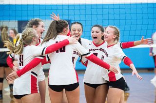 Marcus Larson/News-Register##
McMinnville volleyball players including (l-r) Abby Kemper (11), Jazzy Smith (10), Jocelyn Chavez (5), Bella Espinoza (7), Jaime McCullough (12) and Ella Saltmarsh (15) celebrate Smith’s ace, the final point of Tuesday’s 3-0 sweep of Forest Grove. Marcus Larson/News-Register##
McMinnville volleyball players including (l-r) Abby Kemper (11), Jazzy Smith (10), Jocelyn Chavez (5), Bella Espinoza (7), Jaime McCullough (12) and Ella Saltmarsh (15) celebrate Smith’s ace, the final point of Tuesday’s 3-0 sweep of Forest Grove.