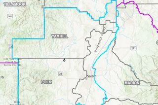 Esri Redistricting##The boundaries of newly created U.S. House Dist. 6, indicated by the blue line, include all of Yamhill and Polk counties, and portions of Marion and Washington counties.