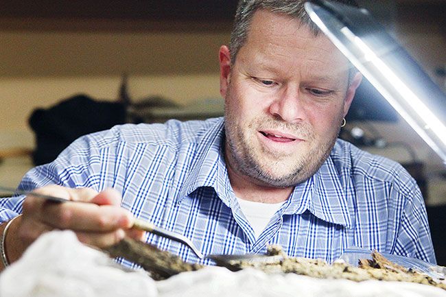Rockne Roll/News-Register##Briece Edwards, senior archaeologist for the Confederated Tribes of Grand Ronde, sifts through a soil sample at the tribe’s archaeology lab in Grand Ronde. “Starting any new project, you want to go slow,” he said. “You want to be examine the soil carefully.”