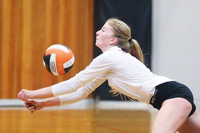 Rockne Roll/News-Register##
Yamhill-Carlton’s Aylea Dixon makes a dig in the Tigers’ league match against Cascade on Thursday, Sept. 29 at Barnett Court in Yamhill.