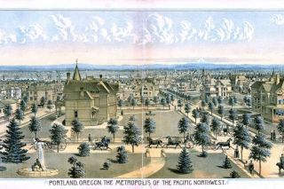 Image: UO Libraries##This panoramic lithograph shows Portland as it appeared around the time John W. Murray killed his brother-in-law. It was published in an 1888 edition of The West Shore magazine.