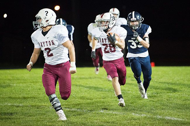 Marcus Larson/News-Register##
Dayton s Braeden Nowlin busts a huge return during tonight s 41-7 Pirates  victory over Sheridan.