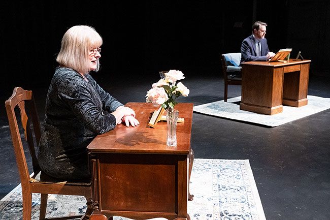 Marcus Larson/News-Register## Melissa Gardner (Barbara Curtis) and Andrew Makepeace Ladd III (Steve Cox), read the words they’ve exchanged over the years during a rehearsal of “Love Letters.”