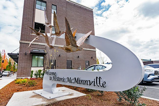 Marcus Larson/News-Register##Geese fly east on Third Street in one of the Ben Dye sculptures installed next to the First Federal parking lot.