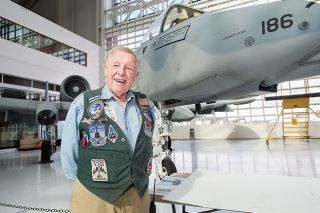 Marcus Larson/News-Register##Evergreen docent Gary Sohn show off his favorite aircraft, an A-10 Thunderbolt “Warthog,” in the Evergreen Space Museum. He worked with A-10’s during his 21 years in the Air Force. Marcus Larson/News-Register##Evergreen docent Gary Sohn show off his favorite aircraft, an A-10 Thunderbolt “Warthog,” in the Evergreen Space Museum. He worked with A-10’s during his 21 years in the Air Force.