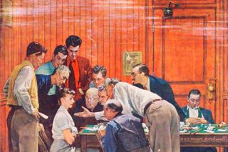 Image: Saturday Evening Post##The front cover of the Feb. 14, 1959, issue of The Saturday Evening Post was this famous painting by Norman Rockwell (who, incidentally, appears in this painting; he’s the second juror from the left). It depicts a scene that could only happen in Oregon if the defendant were on trial for first-degree murder.