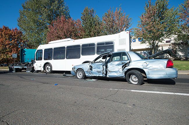 Marcus Larson/News-Register##The aftermath of Tuesday s three-vehicle crash.