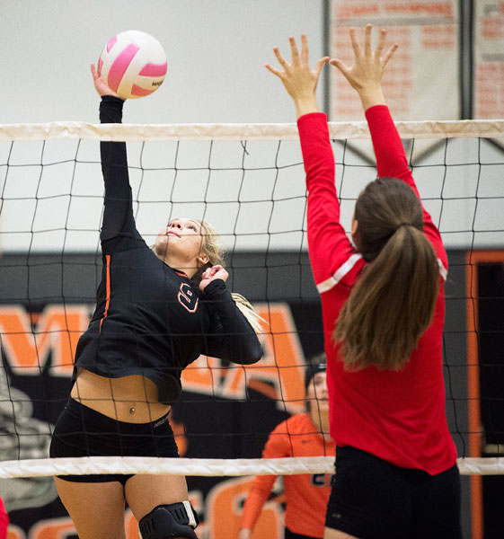 Marcus Larson/News-Register##
WIllamina s Brooke France smashes one of her 12 kills during the Bulldogs  four-set victory over Westside Christian.